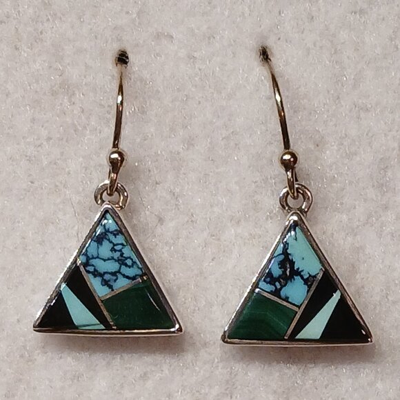 Touch of Santa Fe Multi Stone Inlay Dangle Earrings in Sterling Silver - Picture 1 of 8